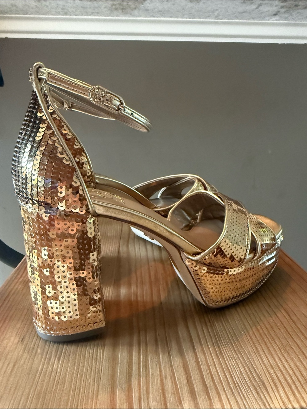 Sam Edelman Gold Sequin Platform Block Heel Sandals